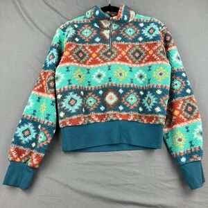 Rock & Roll Denim Fleece Pullover Womens Southwestern Aztec Teal Orange Sherpa